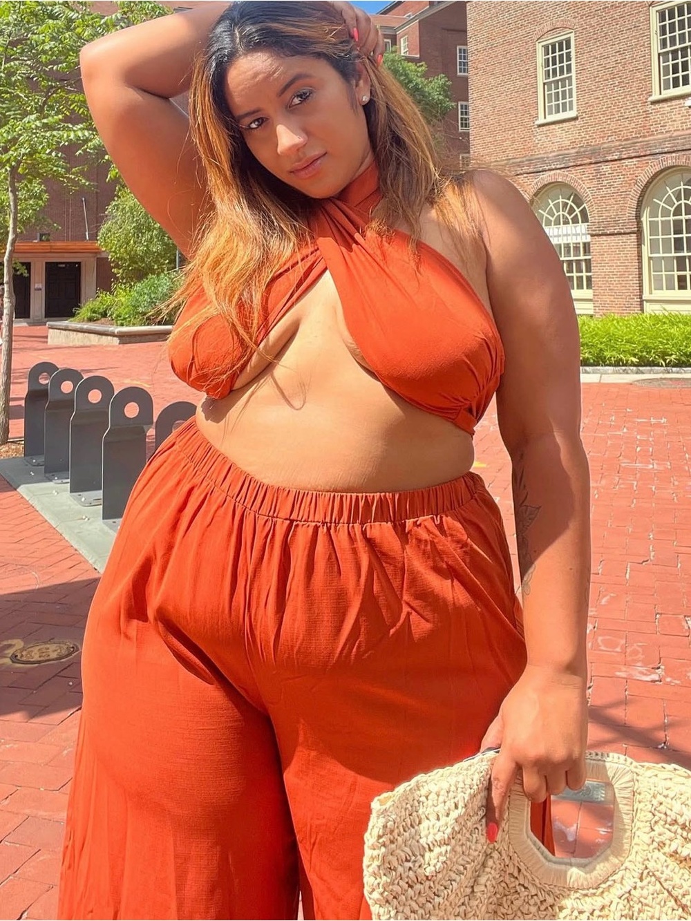 Preowned Wide-Leg High-Waist Pants in Rust Orange from SHEIN